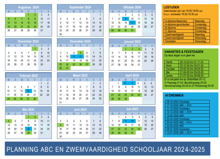 Planning ABC zwemmen en Zwemvaardigheid 2024-2025 Zwemclub Zeist