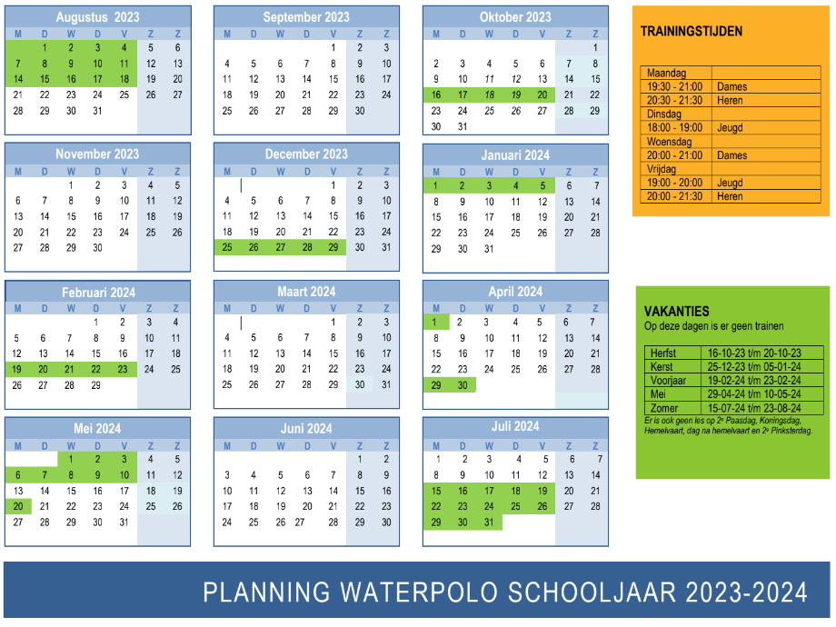 Planning waterpolo 2023-2024 Zwemclub Zeist